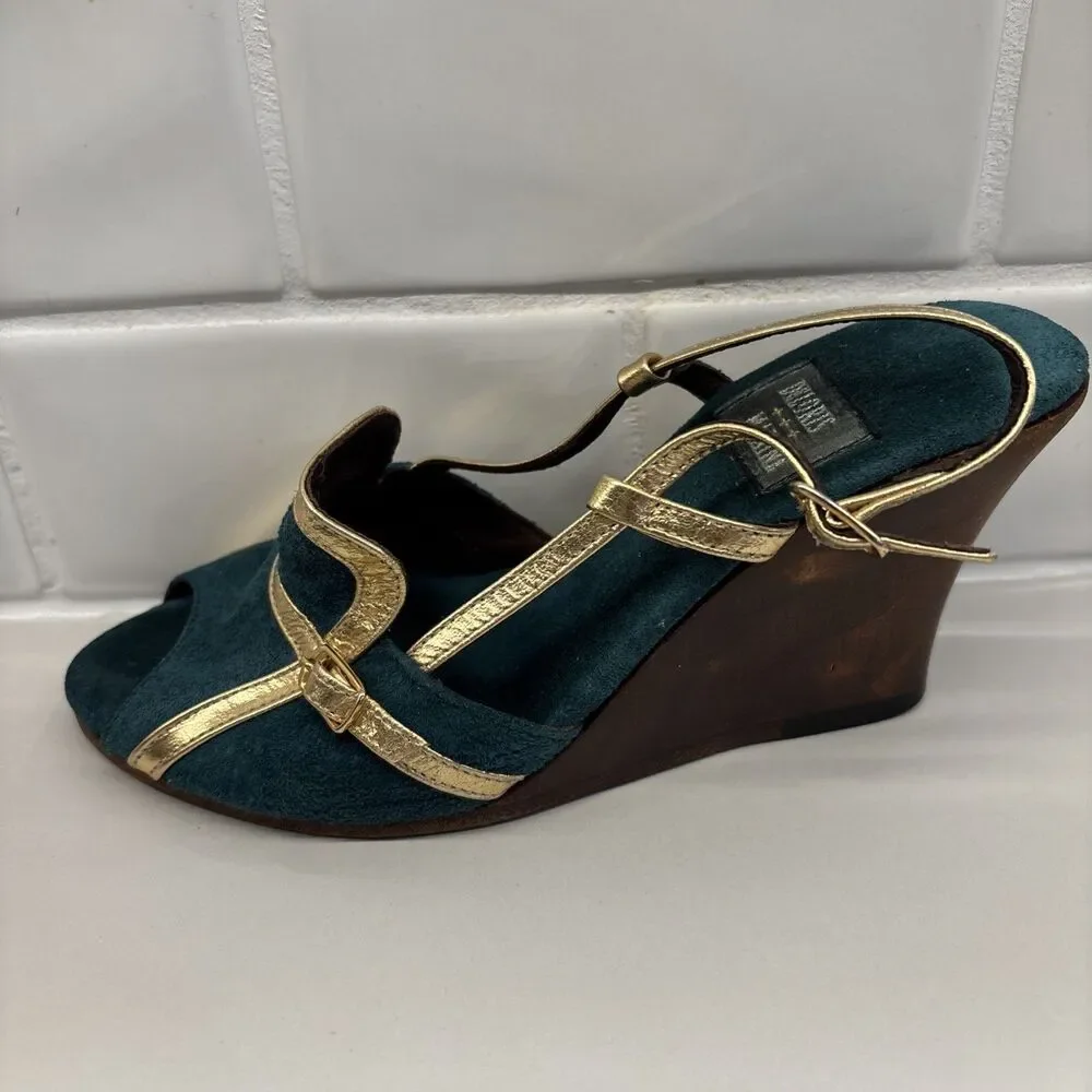 Delores & Maxine Suede Wedge Heel Jade & Gold Women’s‎ Size 6 Leather